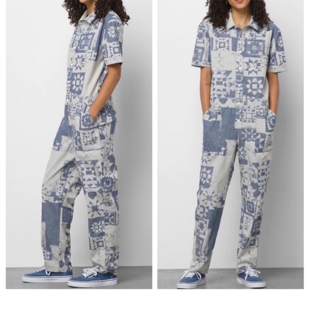 VANS Small Coverall Moro Coveralls Jumpsuit Blue Patchwork 100% cotton NWT